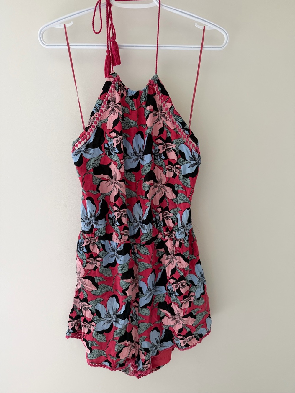 twik Red Floral Halter Romper with Blue and Pink Blooms